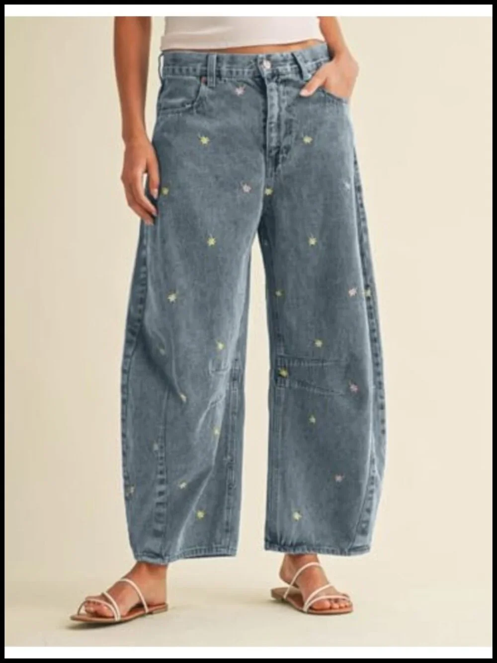 Embroidered Barrel Jeans Baggy Wide Leg Y2K Denim Ankle Pants Patchwork